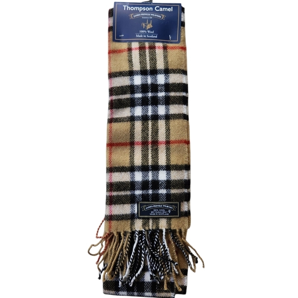 New Thomson Camel Tartan Plaid 100% Wool Fringe Scarf James Pringle Weavers